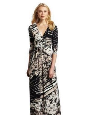 BCBGMaxAzria Black and Cream Pearl Abstract Wrap Maxi Dress